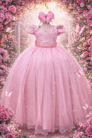 Vestido Infantil Longo Rose Busto Nervura Pérolas Damas Luxo