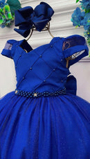 Vestido Infantil Longo Azul Royal C/ Busto Nervura Damas