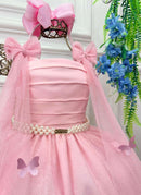 Vestido Infantil Longo Rosa Aplique Borboletas Festas Dama Luxo