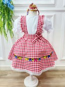 Conjunto Infantil Junino Salopete Branca Saia Xadrez Vermelho