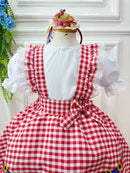Conjunto Infantil Junino Salopete Branca Saia Xadrez Vermelho