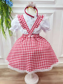 Conjunto Infantil Junino Salopete Branca Saia Xadrez Vermelho