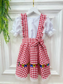 Conjunto Infantil Junino Salopete Branca Saia Xadrez Vermelho