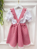 Conjunto Infantil Junino Salopete Branca Saia Xadrez Vermelho