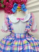 Conjunto Infantil Junino Camisa e Salopete Xadrez Rosa Azul