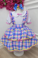 Conjunto Infantil Junino Camisa e Salopete Xadrez Rosa Azul