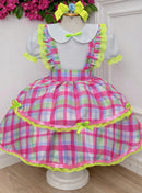 Conjunto Infantil Junino Salopete Xadrez Rosa Verde