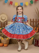 Vestido Infantil Junino Arraiá Azul e Vermelho Flores Coloridas
