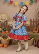 Vestido Infantil Junino Arraiá Azul e Vermelho Flores Coloridas
