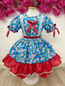 Vestido Infantil Junino Arraiá Azul e Vermelho Flores Coloridas