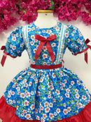 Vestido Infantil Junino Arraiá Azul e Vermelho Flores Coloridas