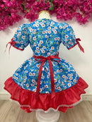 Vestido Infantil Junino Arraiá Azul e Vermelho Flores Coloridas