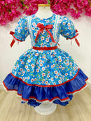 Vestido Infantil Junino Arraiá Azul Flores Coloridas