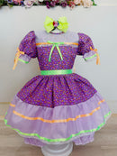 Vestido Infantil Junino Lilás Com Estampa Florzinhas Festas