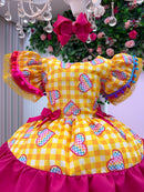 Vestido Junino Banana Club Luxo Coração Junino Amarelo