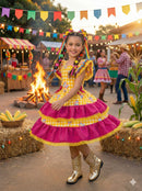 Vestido Junino Banana Club Luxo Coração Junino Amarelo