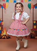 Conjunto Infantil Junino Salopete Branca Saia Xadrez Vermelho