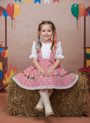 Conjunto Infantil Junino Salopete Branca Saia Xadrez Vermelho