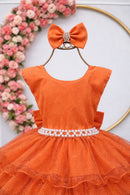 Vestido Infantil Terracota Saia C/ Babados e Glitter Festas