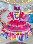 Vestido Infantil Junino Caipira Arraiá Pink Colorido Luxo
