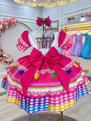 Vestido Infantil Junino Caipira Arraiá Pink Colorido Luxo