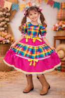 Vestido Infantil Junino Caipira Arraiá Pink Xadrez Colorido Laços