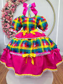 Vestido Infantil Junino Caipira Arraiá Pink Xadrez Colorido Laços