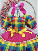 Vestido Infantil Junino Caipira Arraiá Pink Xadrez Colorido Laços