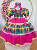 Vestido Infantil Junino Caipira Arraiá Pink Xadrez Colorido Laços
