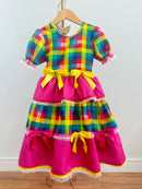 Vestido Infantil Junino Caipira Arraiá Pink Xadrez Colorido Laços
