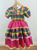 Vestido Infantil Junino Caipira Arraiá Pink Xadrez Colorido Laços
