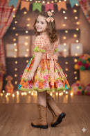 Vestido Infantil Junino Caipira Xadrez Laranja Flores Coloridas