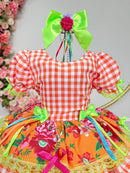 Vestido Infantil Junino Caipira Xadrez Laranja Flores Coloridas