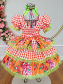 Vestido Infantil Junino Caipira Xadrez Laranja Flores Coloridas