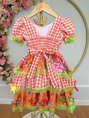 Vestido Infantil Junino Caipira Xadrez Laranja Flores Coloridas