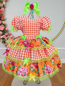 Vestido Infantil Junino Caipira Xadrez Laranja Flores Coloridas