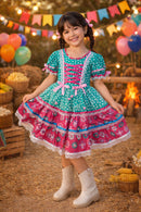 Vestido Junino Arraiá Festas Verde com Saia Colorida