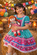 Vestido Junino Arraiá Festas Verde com Saia Colorida