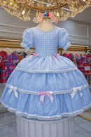 Vestido Infantil Junino Caipira Arraiá Azul Claro Xadrez Laços