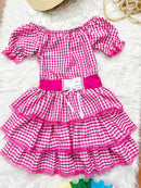 Vestido Adulto Junino Arraiá Festas Pink Xadrez