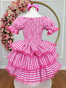 Vestido Infantil Junino Arraiá Festas Pink Xadrez