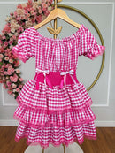 Vestido Infantil Junino Arraiá Festas Pink Xadrez