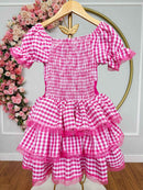 Vestido Infantil Junino Arraiá Festas Pink Xadrez