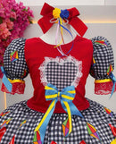 Vestido Infantil Junino Festa de São João Vermelho Xadrez Preto