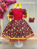 Vestido Infantil Junino Vermelho Xadrez Colorido Girassol C/ Bolsinha