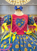 Vestido Infantil Junino Pink Xadrex Colorido Girassol C/ Bolsinha