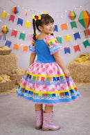 Vestido Infantil Junino Caipira Azul Saia Xadrez Colorido Festas
