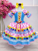 Vestido Infantil Junino Caipira Azul Saia Xadrez Colorido Festas