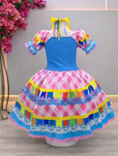 Vestido Infantil Junino Caipira Azul Saia Xadrez Colorido Festas