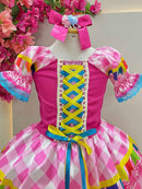 Vestido Infantil Junino Caipira Pink Saia Xadrex Colorido